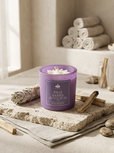 SoyViento świeca sojowa zapach palo santo w grubym pastelowym fioletowym matowym szkle 190 g