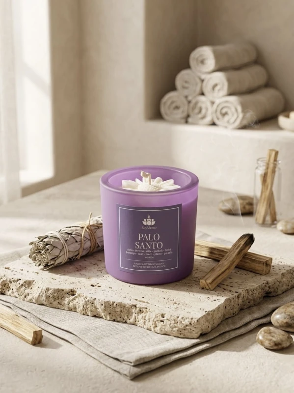 SoyViento świeca sojowa zapach palo santo w grubym pastelowym fioletowym matowym szkle 190 g