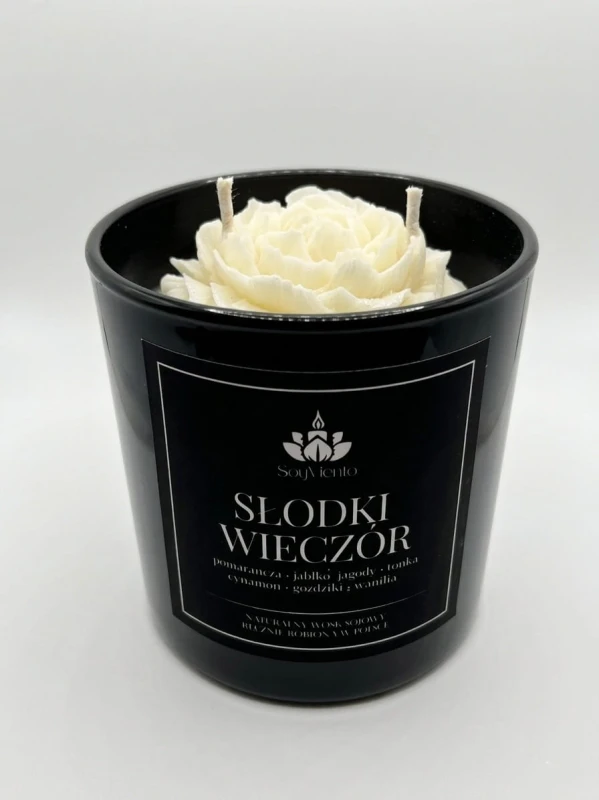 SoyViento świeca sojowa XL zapach słodki wieczór w czarnym błyszczącym szkle 390 g