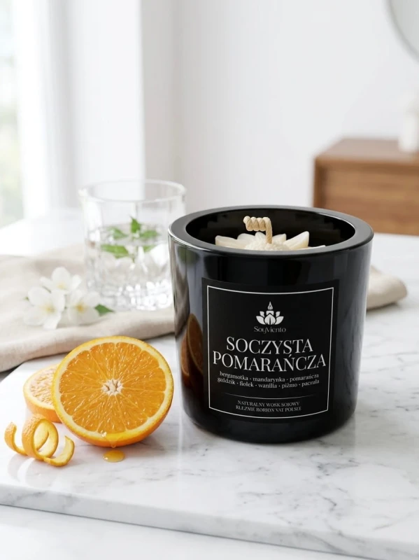 SoyViento świeca sojowa zapach soczysta pomarańcza w grubym czarnym błyszczącym szkle 190 g