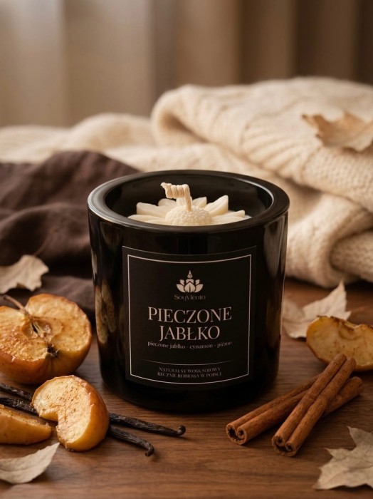 SoyViento świeca sojowa zapach pieczone jabłko w grubym czarnym błyszczącym szkle 190 g