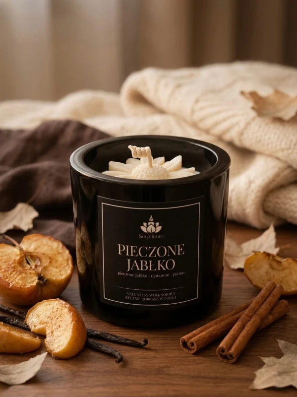 SoyViento świeca sojowa zapach pieczone jabłko w grubym czarnym błyszczącym szkle 190 g