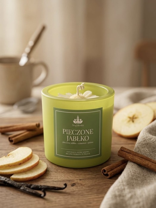 SoyViento świeca sojowa zapach pieczone jabłko w grubym jasno zielonym matowym szkle 190 g