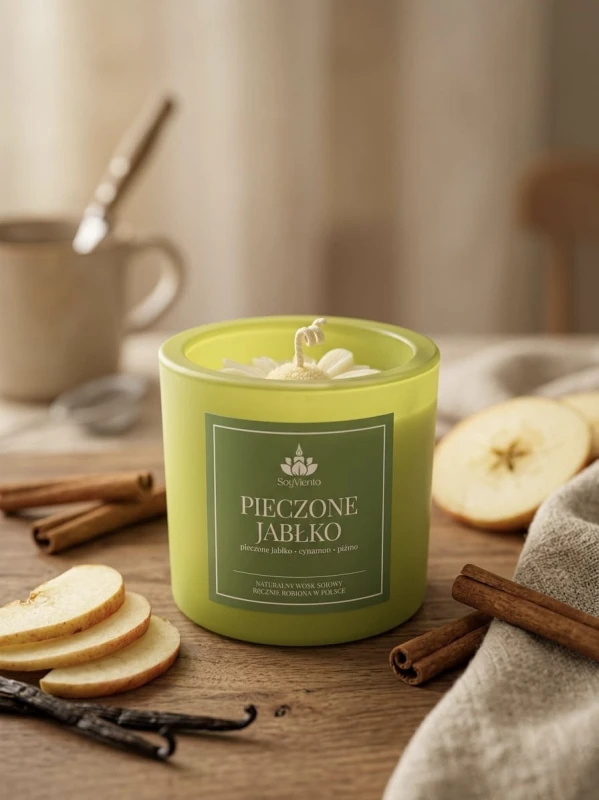SoyViento świeca sojowa zapach pieczone jabłko w grubym jasno zielonym matowym szkle 190 g