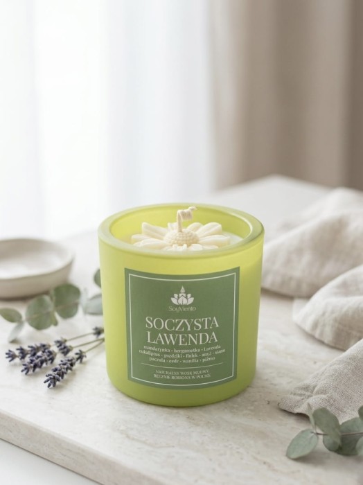 SoyViento świeca sojowa zapach soczysta lawenda w grubym jasno zielonym matowym szkle 190 g