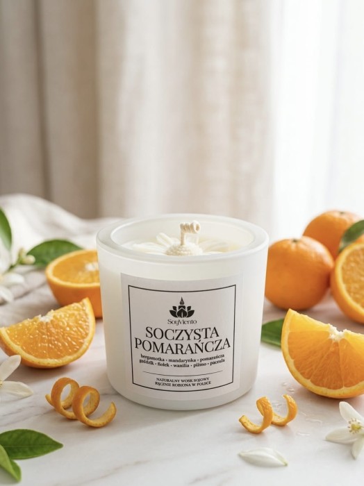 SoyViento świeca sojowa zapach soczysta pomarańcza w grubym białym błyszczącym szkle 190 g