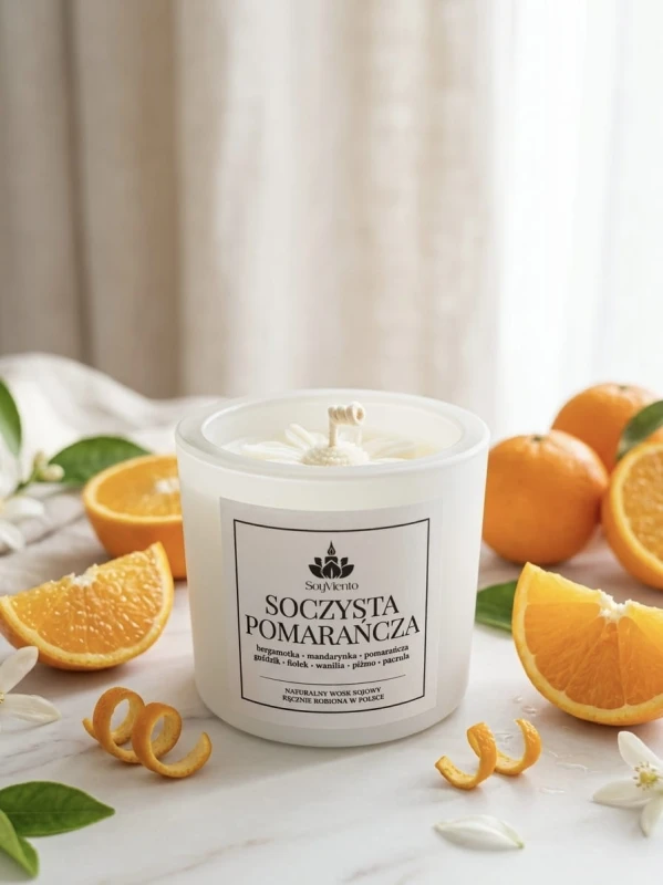 SoyViento świeca sojowa zapach soczysta pomarańcza w grubym białym błyszczącym szkle 190 g