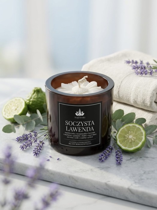 SoyViento świeca sojowa zapach soczysta lawenda w grubym brązowym błyszczącym szkle 190 g