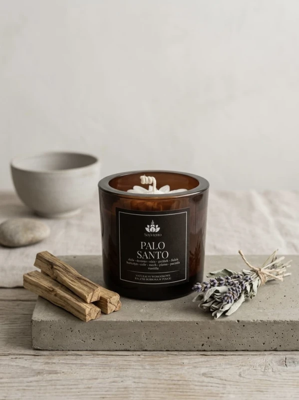 SoyViento świeca sojowa zapach palo santo w grubym brązowym błyszczącym szkle 190 g