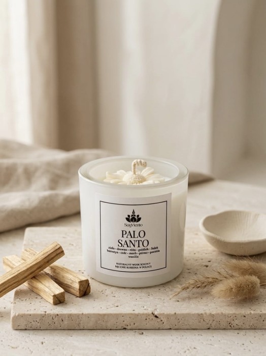 SoyViento świeca sojowa zapach palo santo w grubym białym błyszczącym szkle 190 g