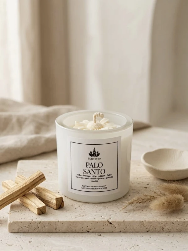 SoyViento świeca sojowa zapach palo santo w grubym białym błyszczącym szkle 190 g