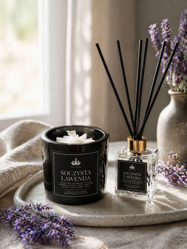 SoyViento zestaw soczysta lawenda świeca sojowa 190 g + dyfuzor 100 ml