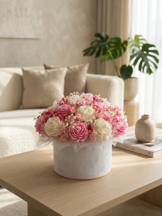 Flowerbox box kwiatów z wosku sojowego biało różowy - XL