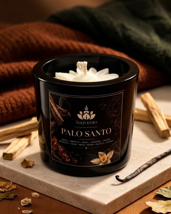 Jesienna Kolekcja SoyViento świeca sojowa zapach palo santo w grubym czarnym błyszczącym szkle 190 g