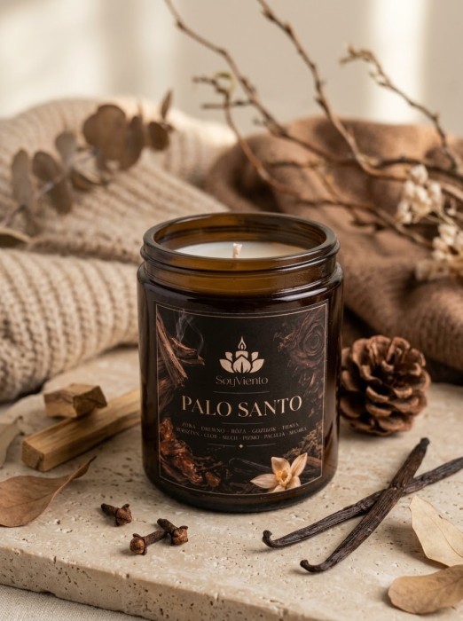 Jesienna Kolekcja SoyViento świeca sojowa zapach palo santo w szkle z nakrętką 155 g
