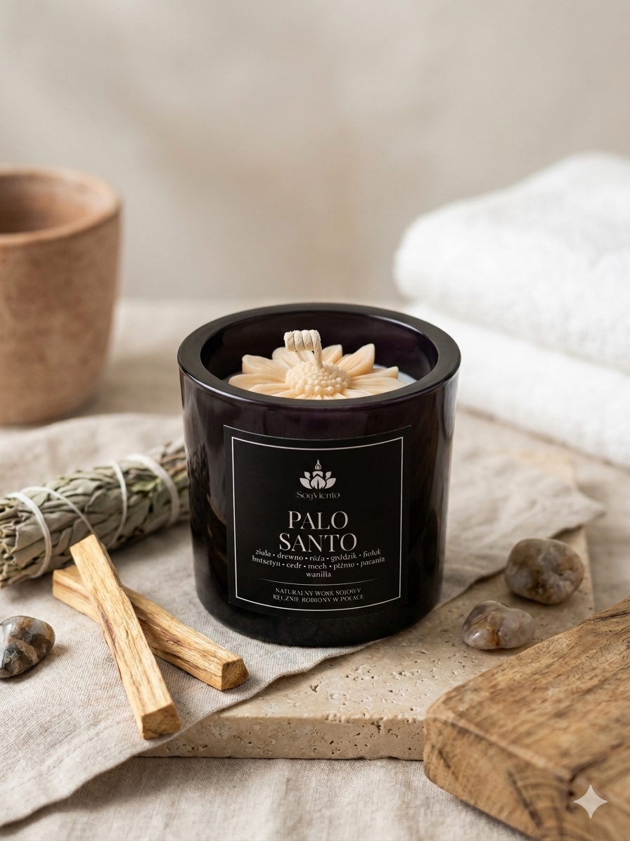 SoyViento świeca sojowa zapach palo santo w grubym czarnym błyszczącym szkle 190 g